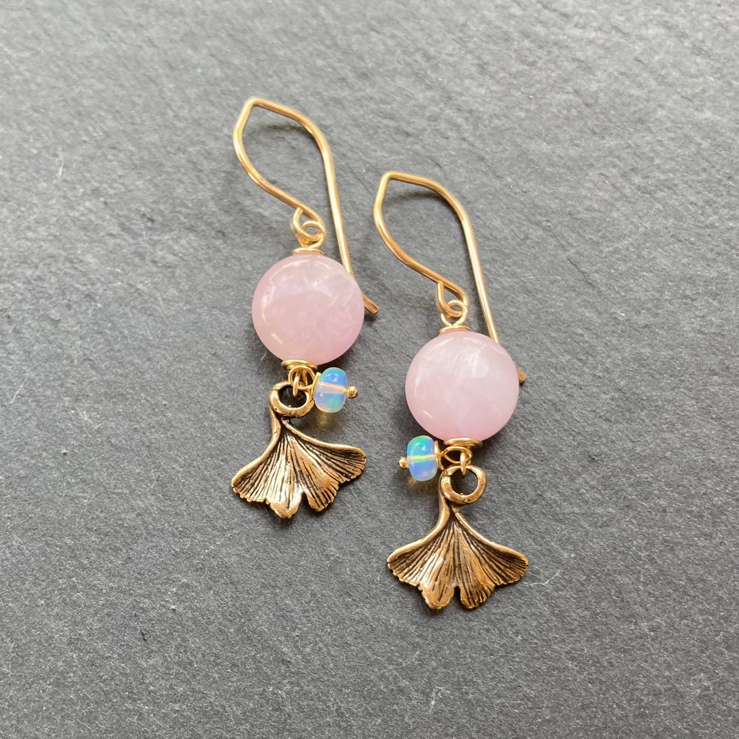 Kunzite, Gold & Bronze Ginkgo Leaf Earrings