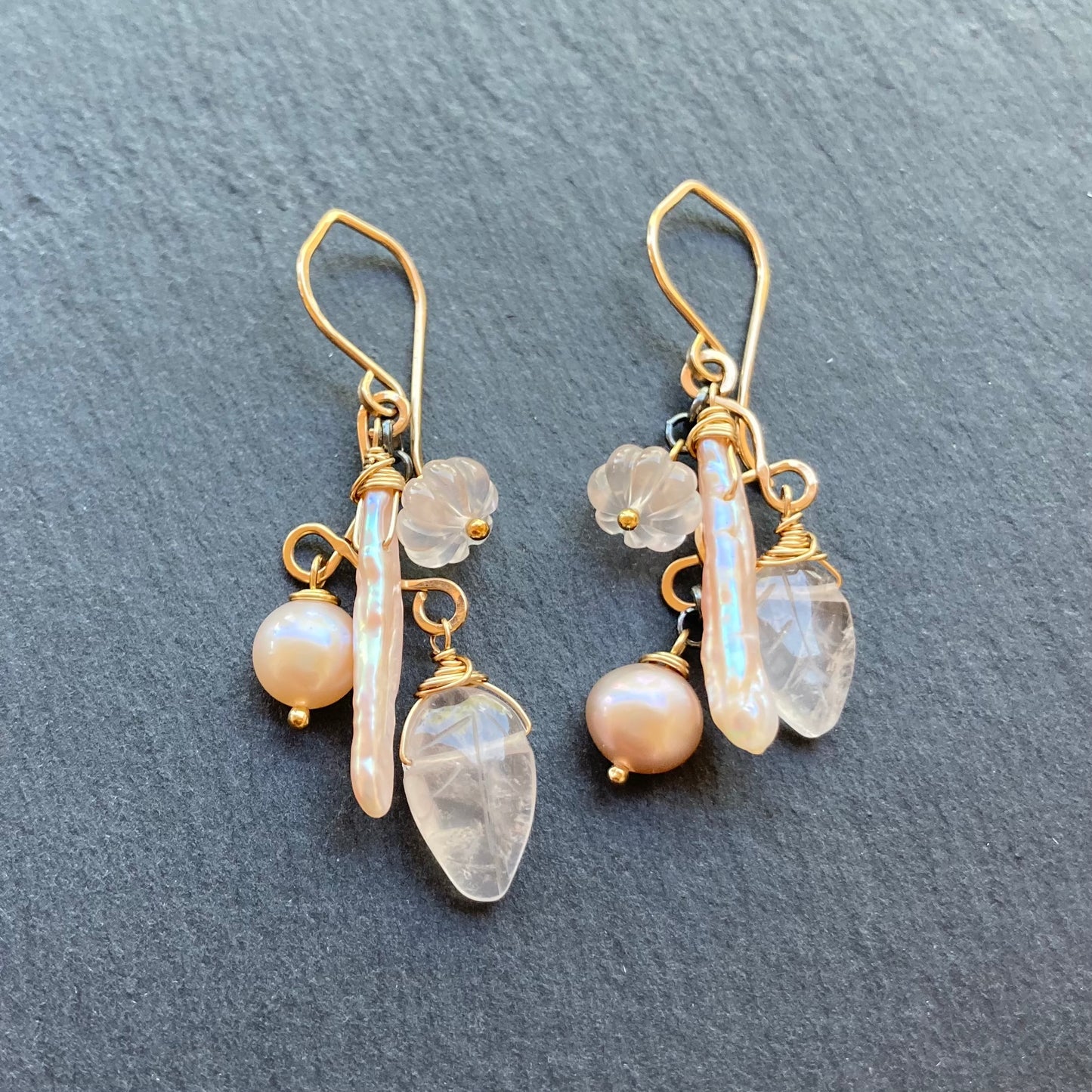 Rose Quartz, Pink Freshwater Pearl & Mixed Metal Earrings