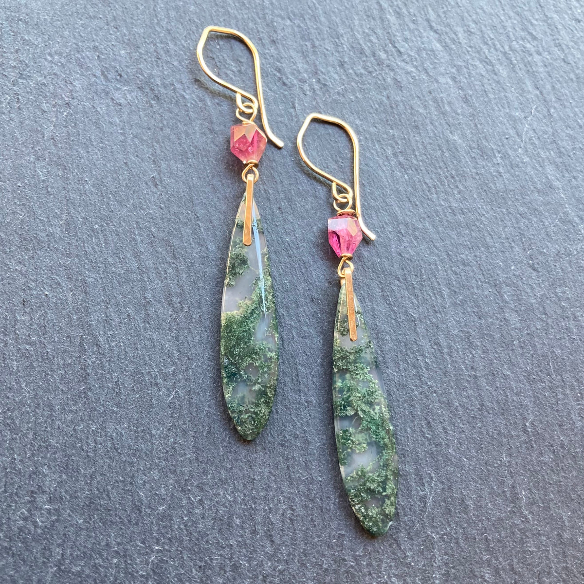 Moss Agate, Pink Tourmaline & Gold Long Drop Earrings