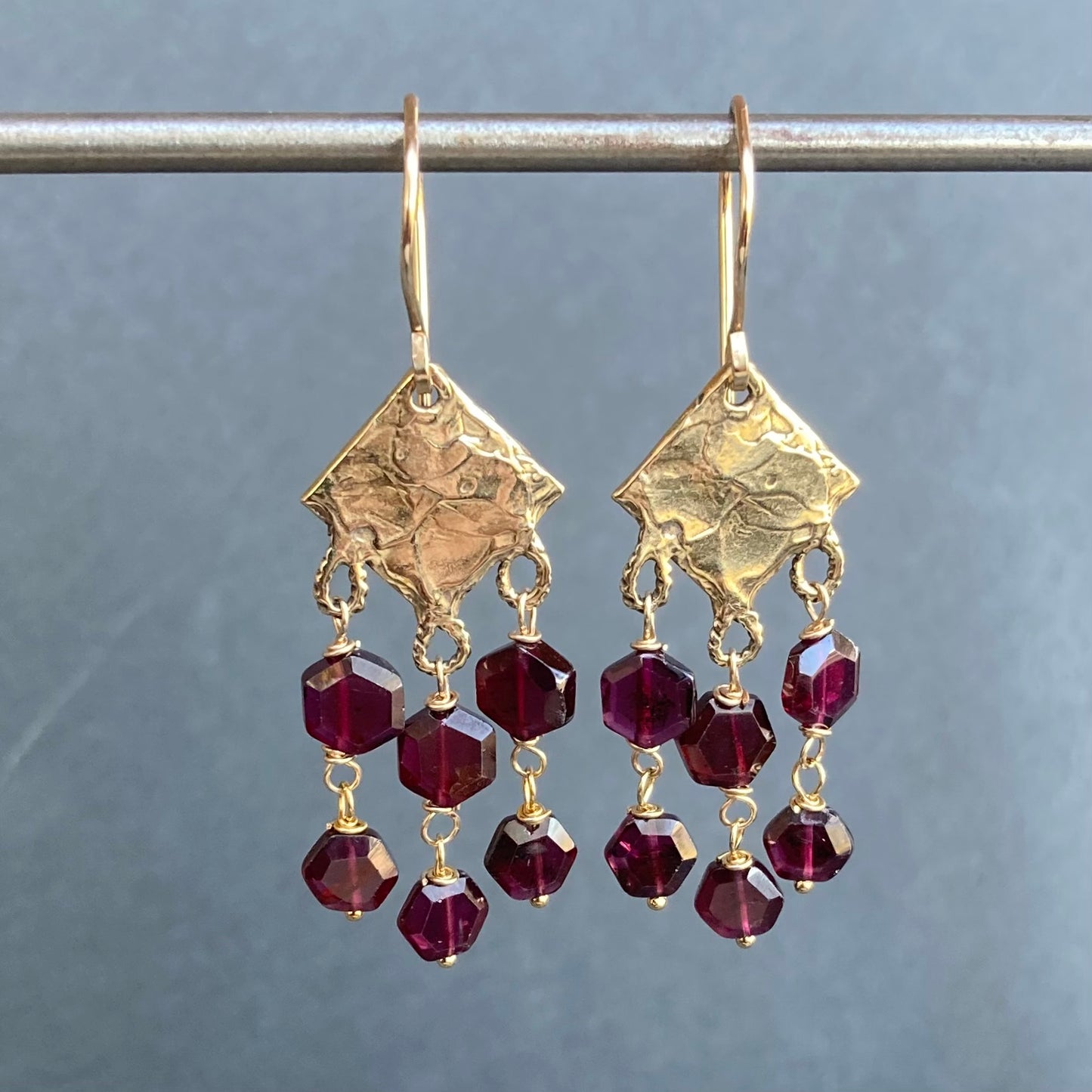 Rhodolite Garnet, Gold & Bronze Fringe Earrings