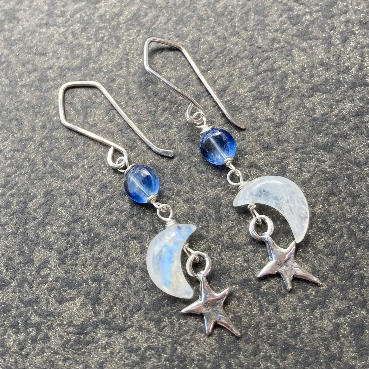 Custom Repair: Rainbow Moonstone, Blue Kyanite & Sterling Siver Moon Star Earrings