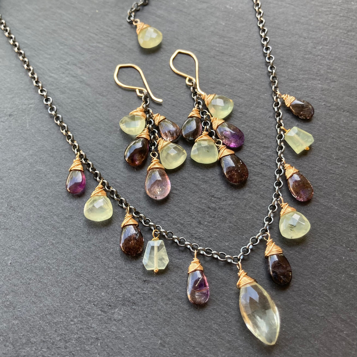 Moss Amethyst, Prehnite & Mixed Metal Earrings