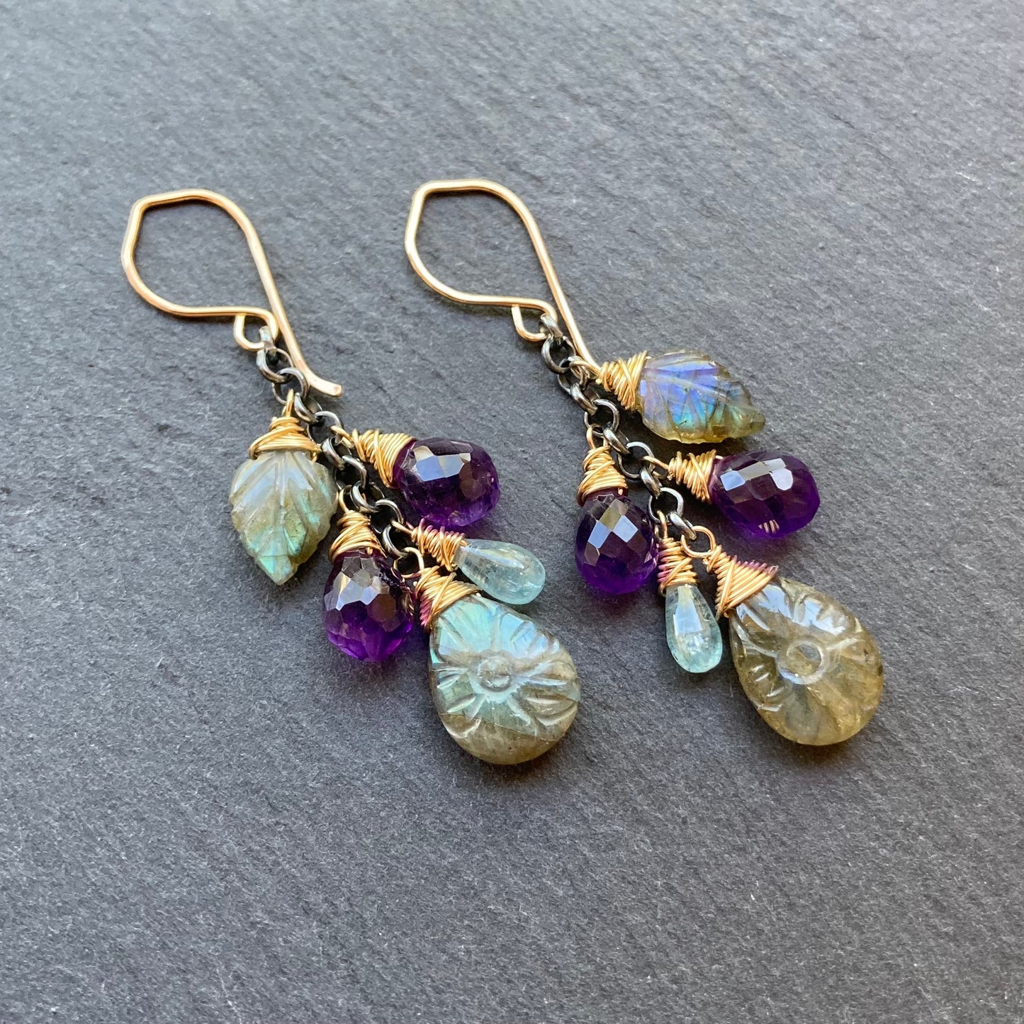 Labradorite, Amethyst & Mixed Metal Bloom Cascade Earrings