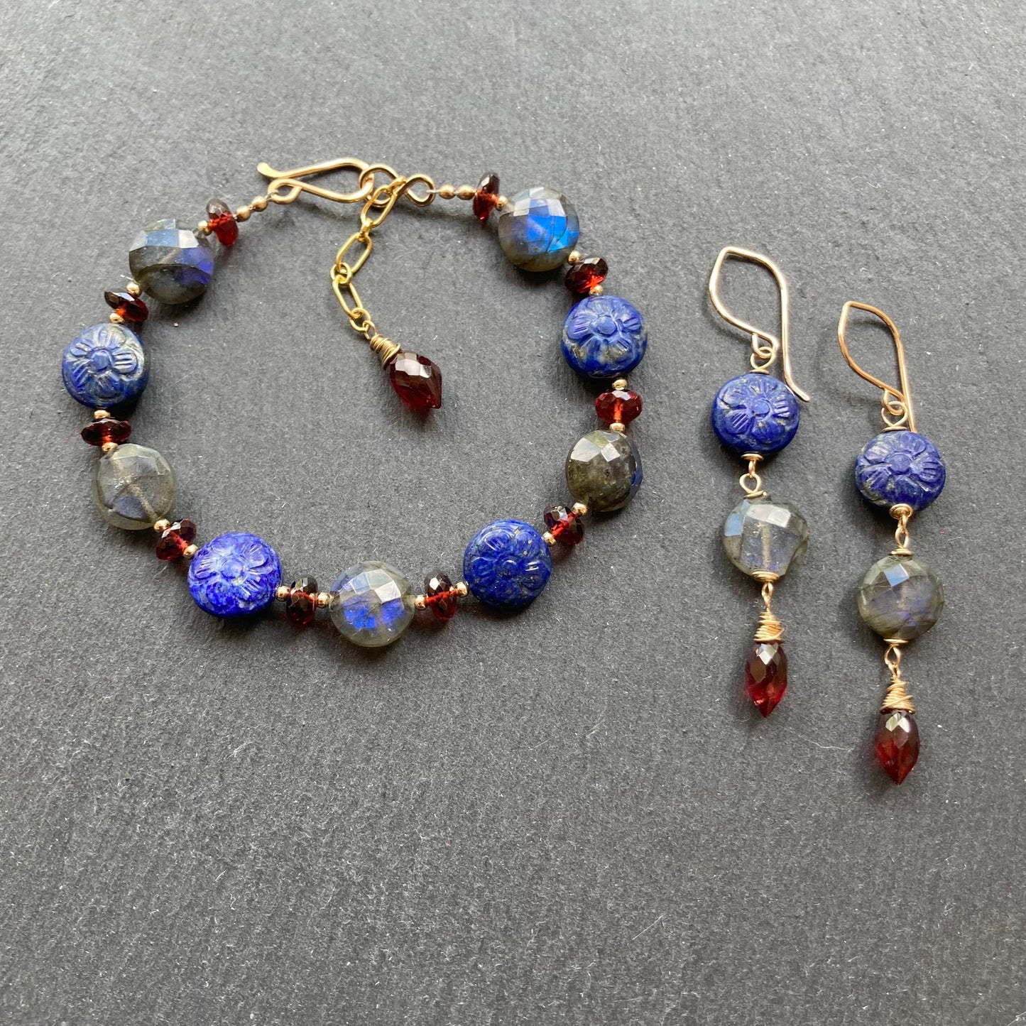 Lapis, Labradorite, Mozambique Garnet & Gold Earrings