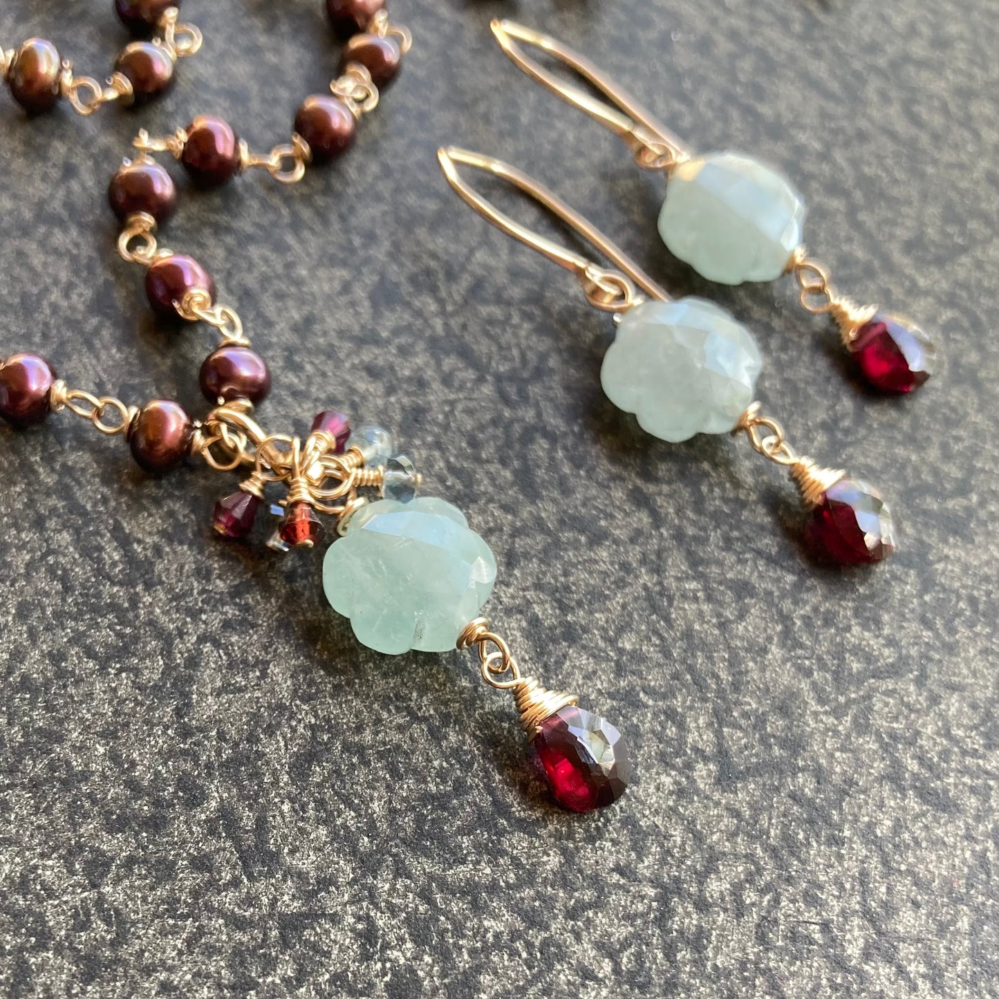 Aquamarine, Rhodolite Garnet & Gold Flower Drop Earrings