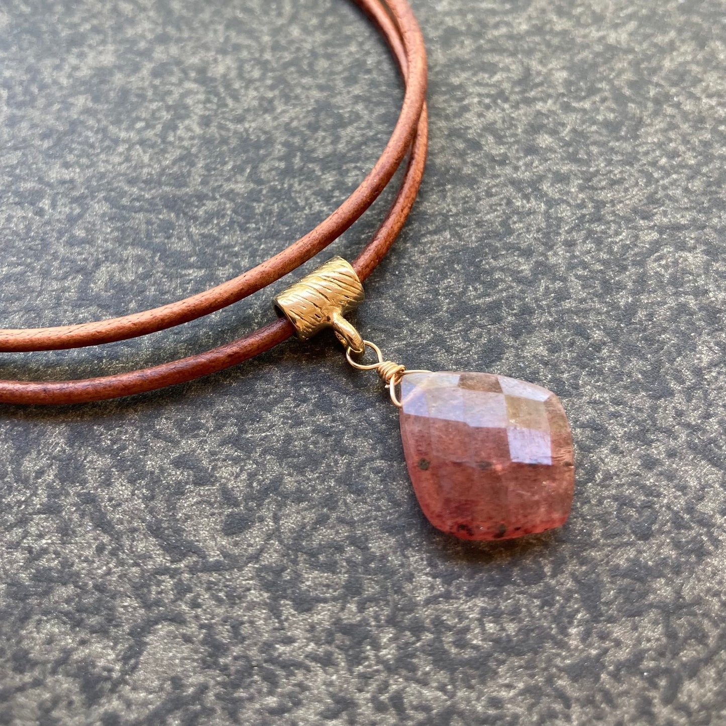 Strawberry Quartz & Bronze Leather Choker