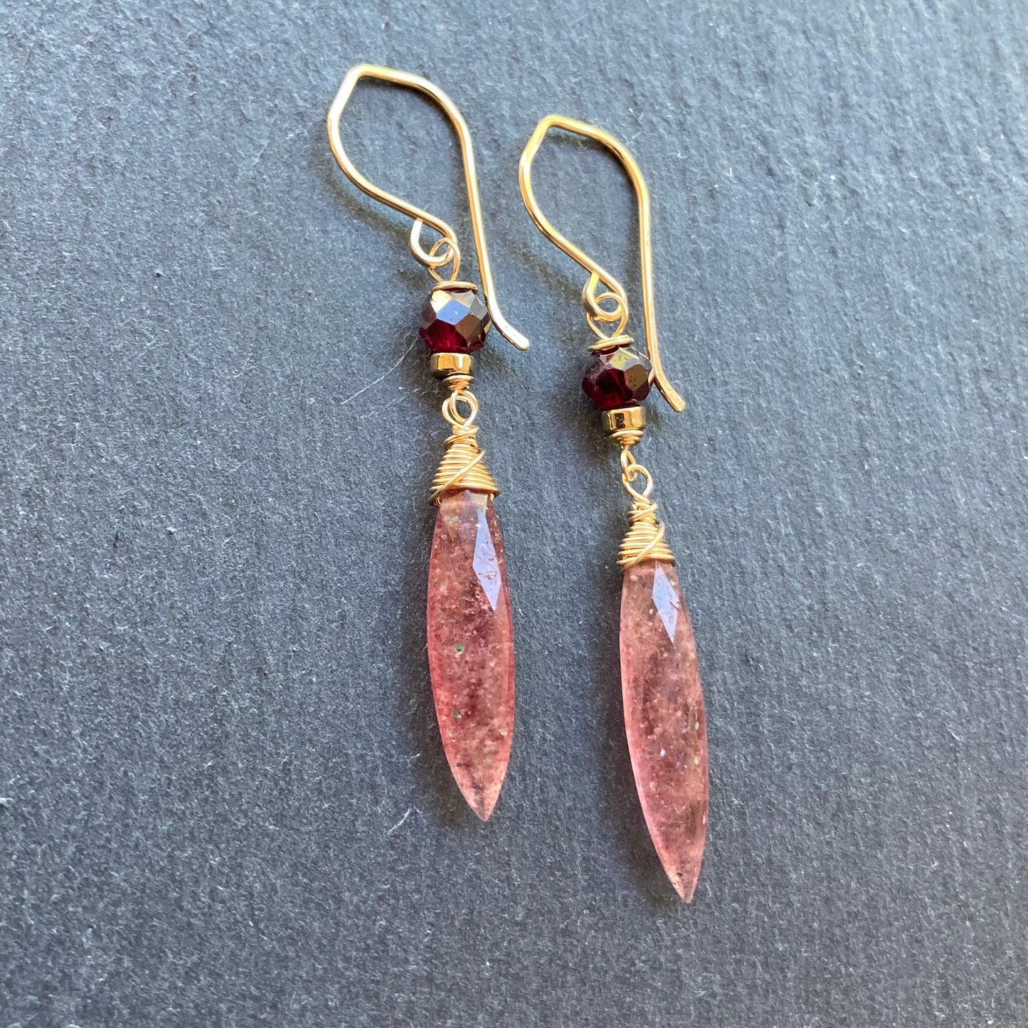 Strawberry Quartz, Rhodolite Garnet & Gold Earrings