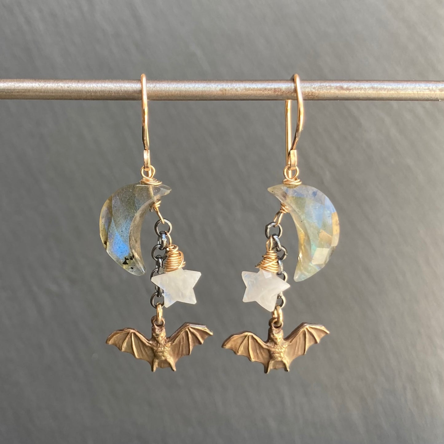 Custom Labradorite, Rainbow Moonstone & Mixed Metal Bat Moon Earrings
