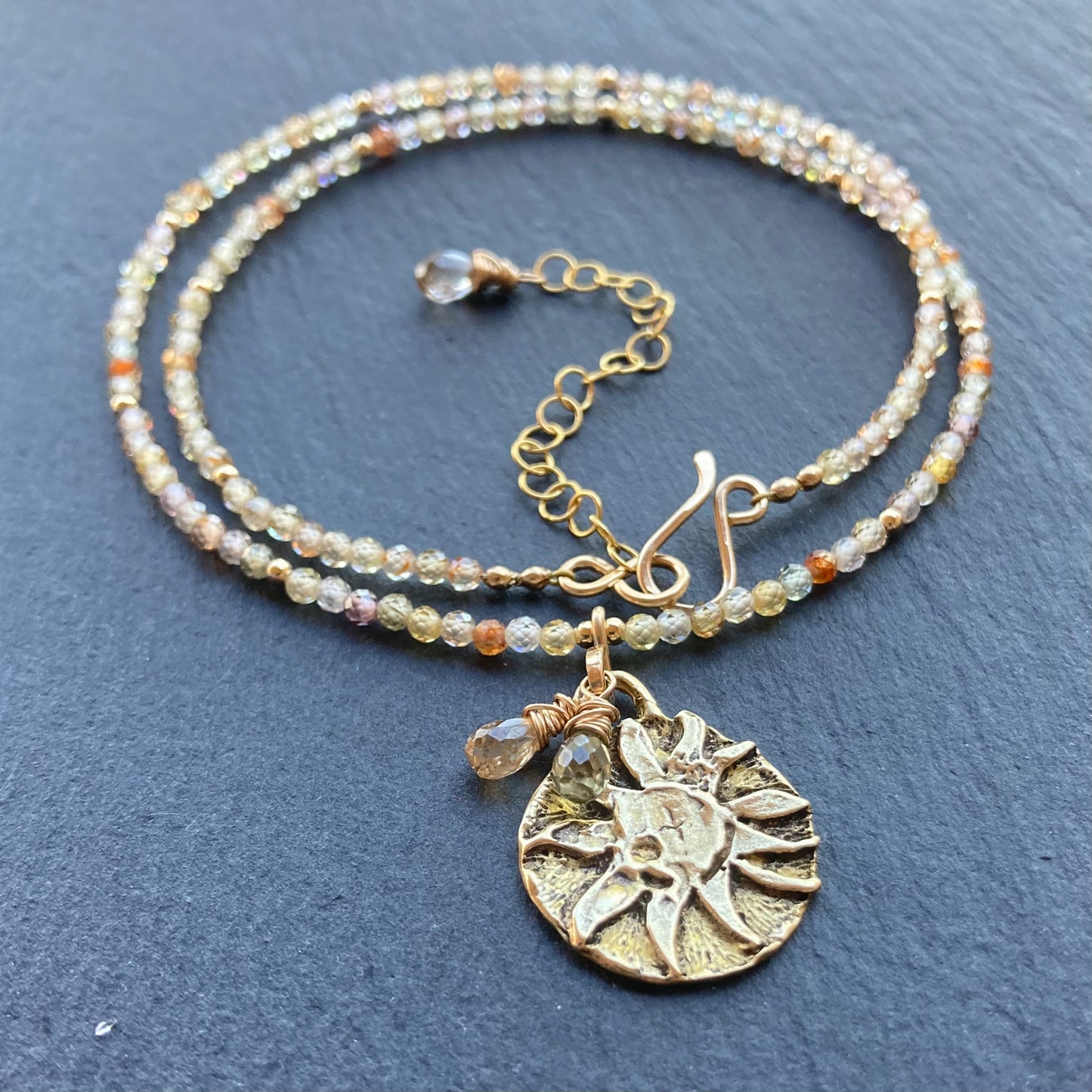 Natural Zircon, Gold & Bronze Sun Coin Choker