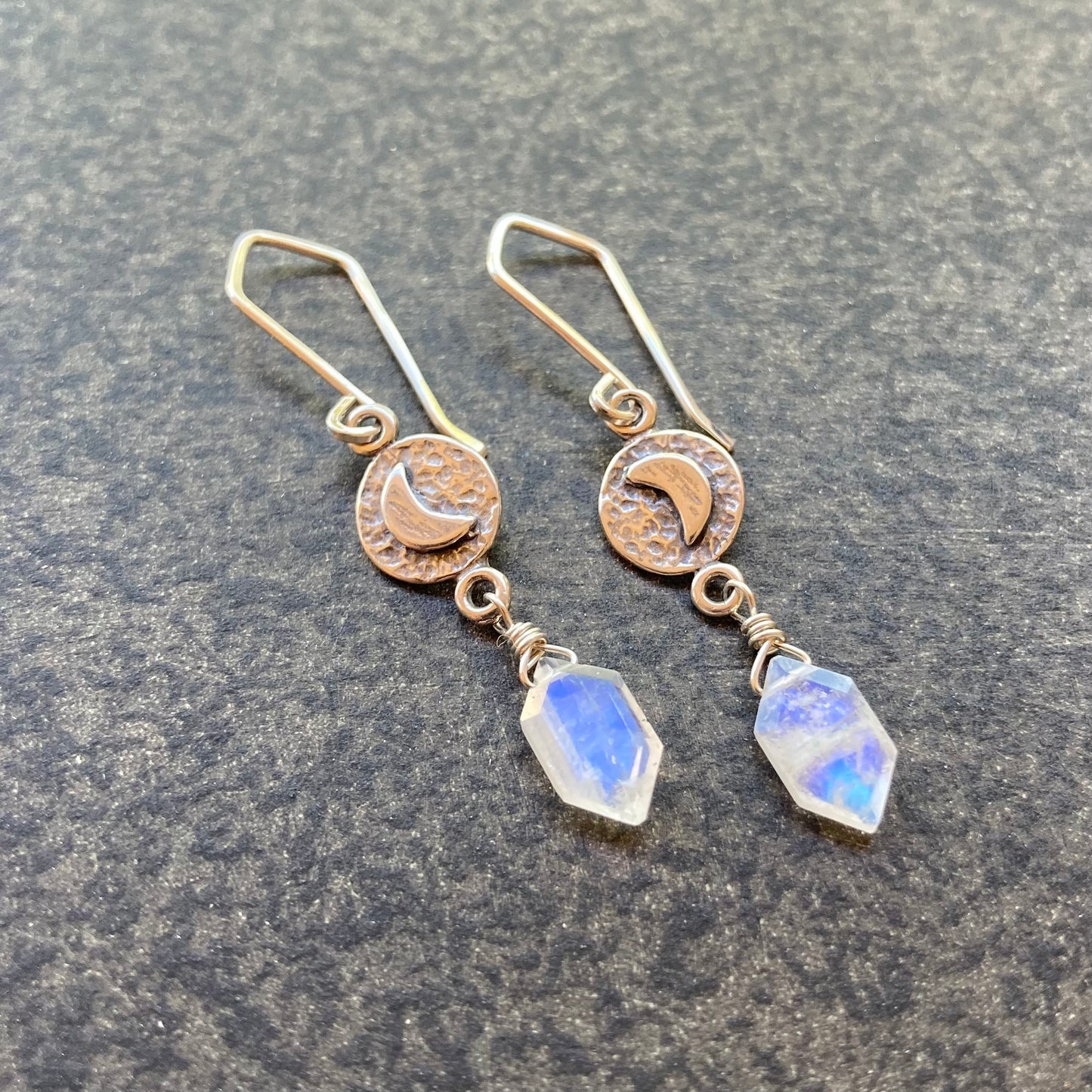 Rainbow Moonstone & Sterling Silver Moon Coin Earrings