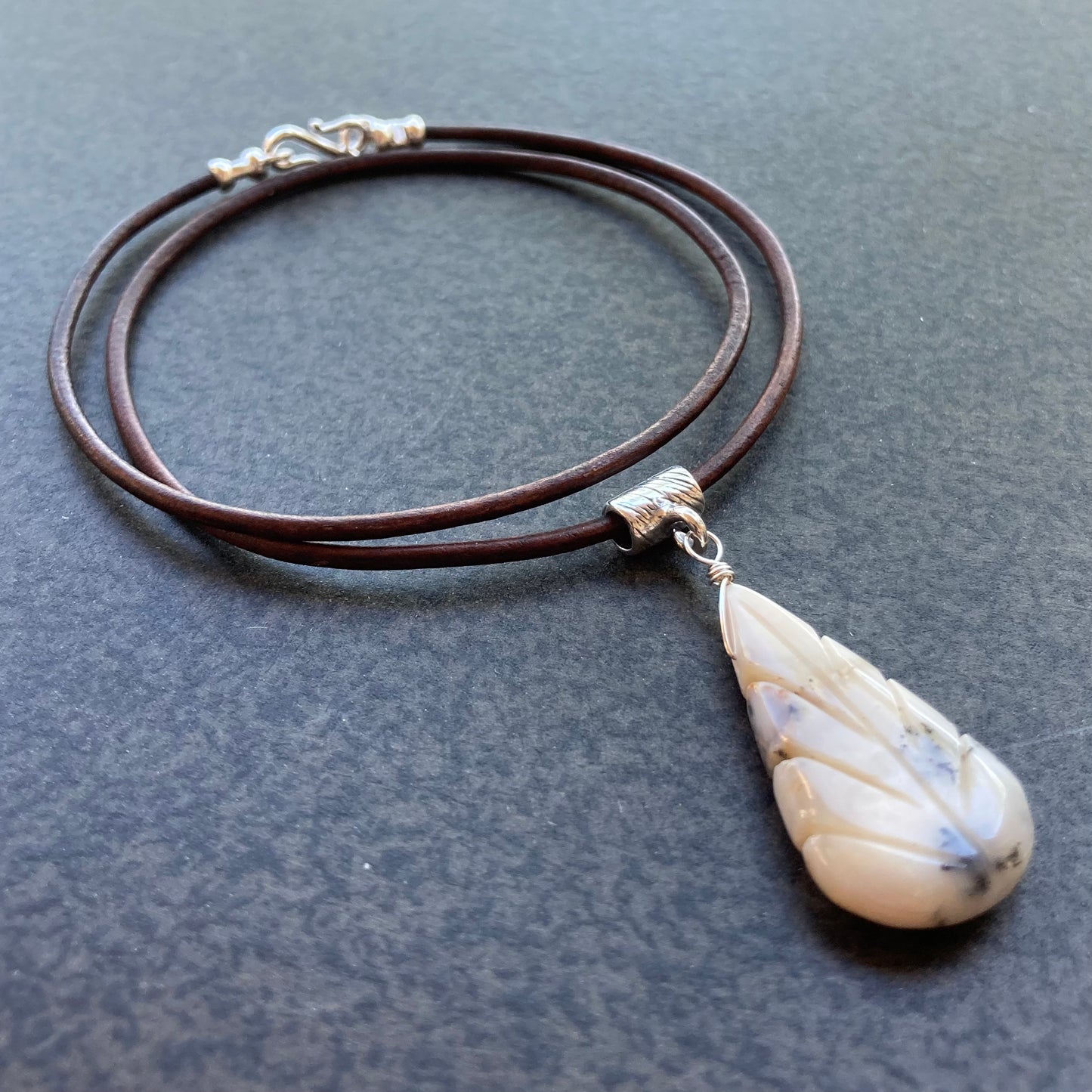 Dendritic Opal Carved Leaf & Sterling Silver Leather Choker