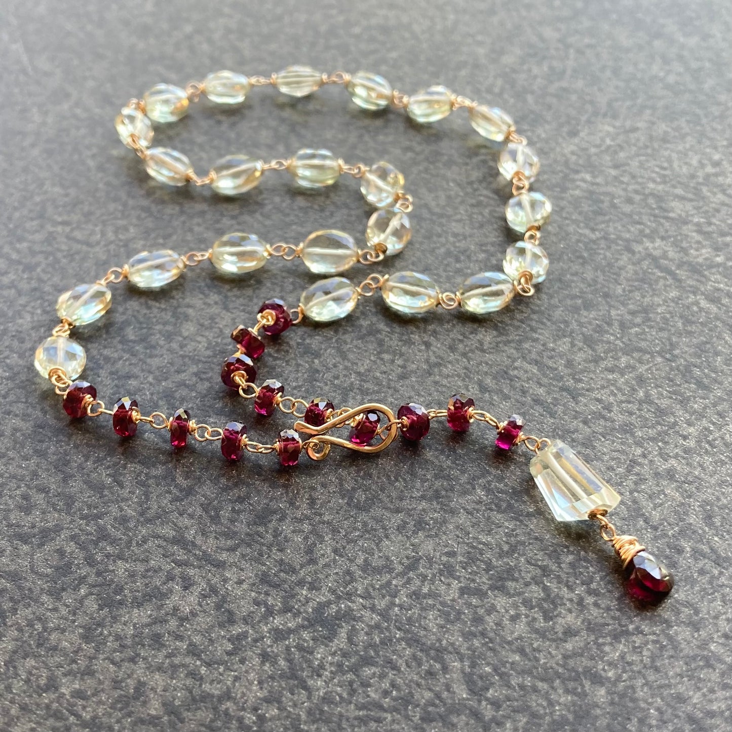 Prasiolite, Rhodolite & Gold Convertible Lariat Necklace