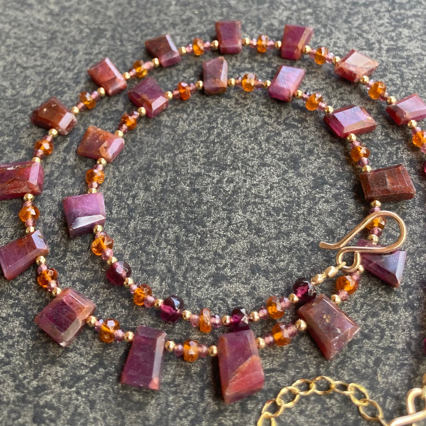 Natural African Ruby, Orange Kyanite, Rhodolite & Gold Choker