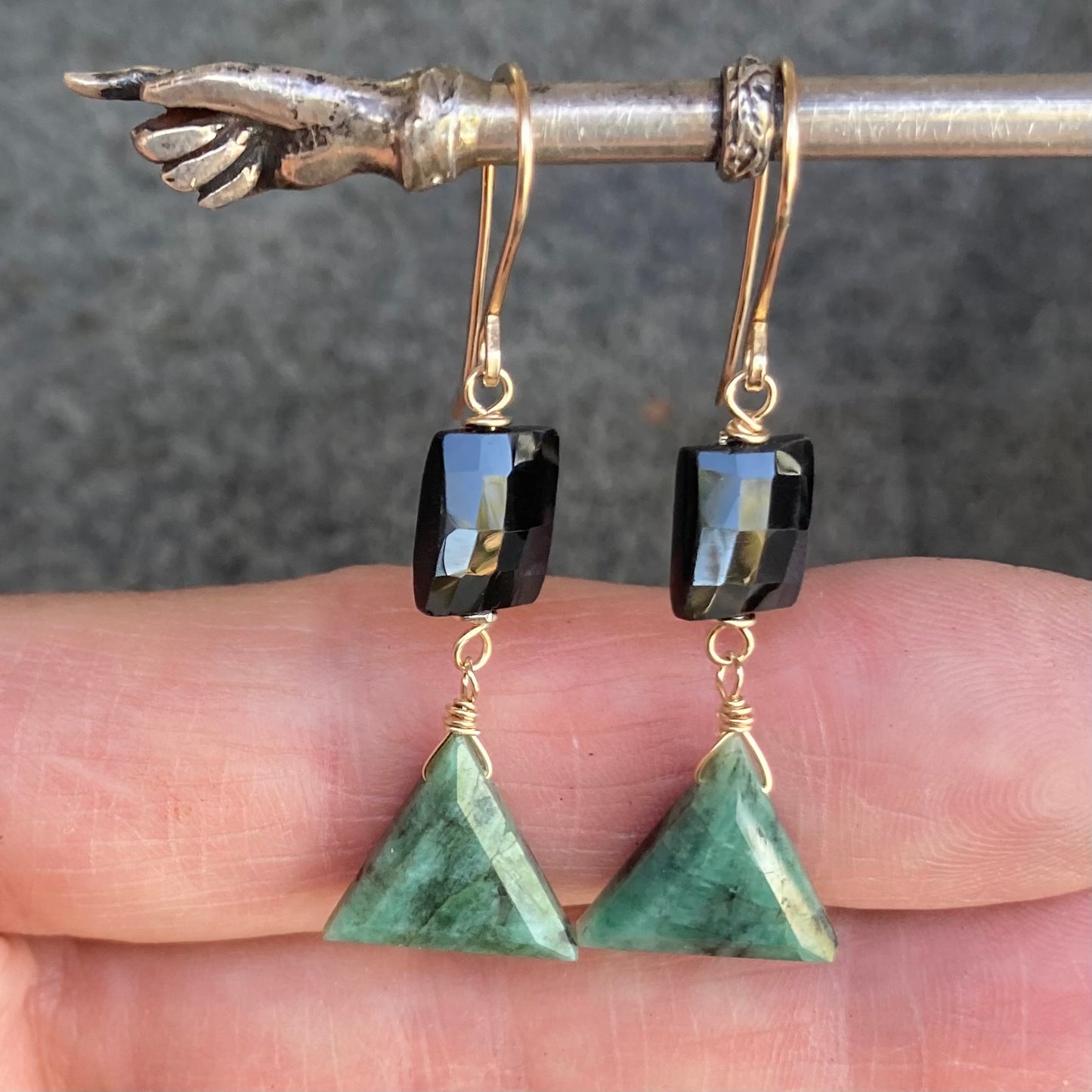 Natural Emerald, Black Spinel & Gold Earrings
