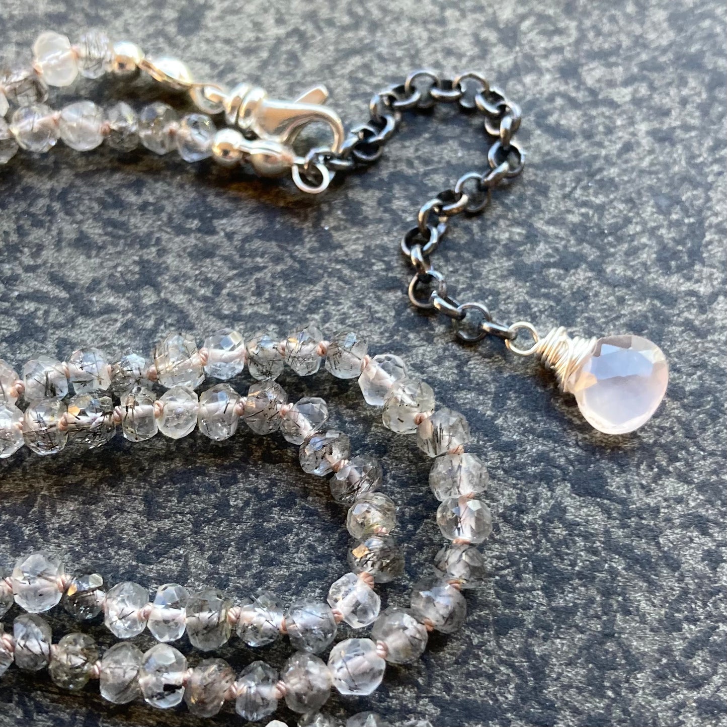 Black Rutilated Quartz Hand Knotted Blush Silk Necklace