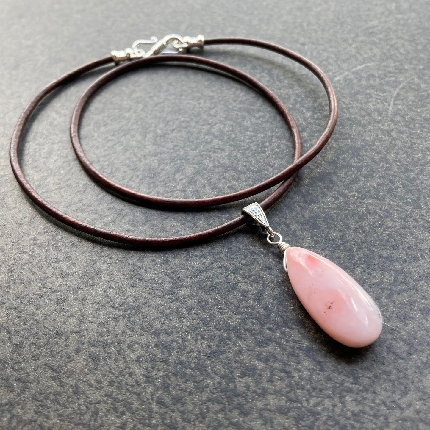 Peruvian Pink Opal & Sterling Silver Leather Choker