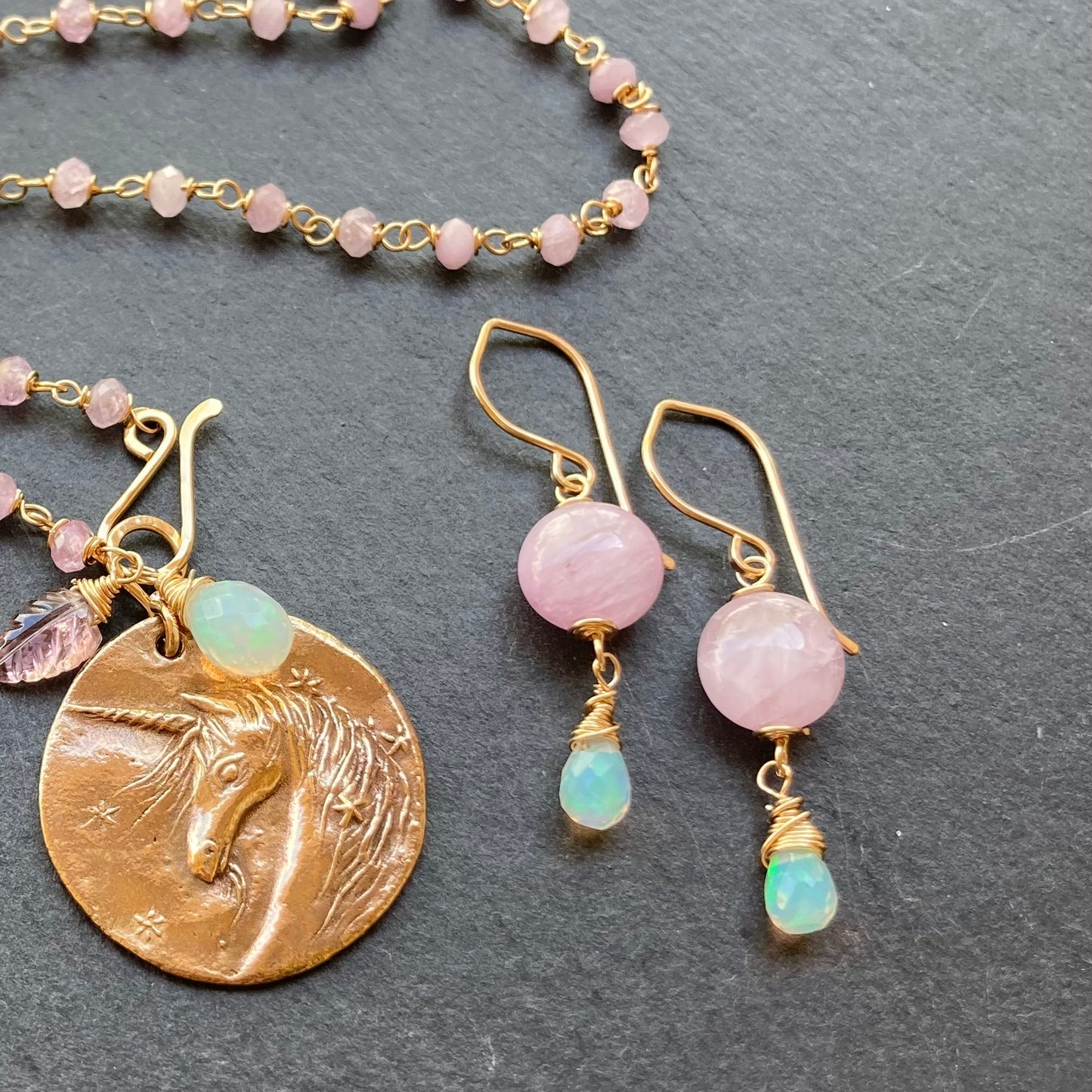 Kunzite, Ethiopian Opal & Gold Earrings