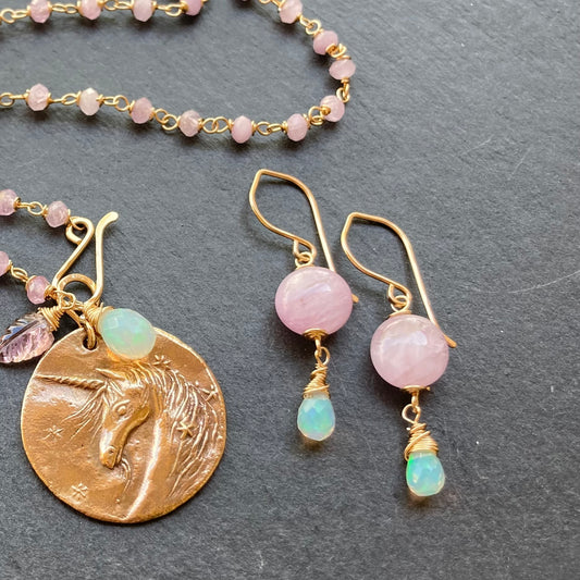 Kunzite, Ethiopian Opal & Gold Earrings