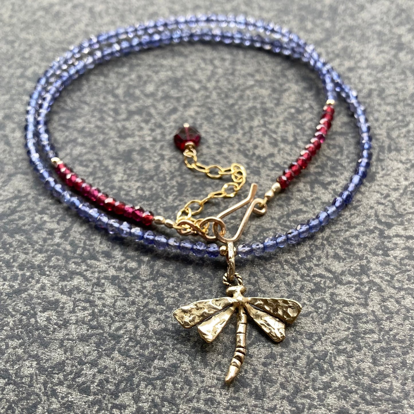 Iolite, Rhodolite Garnet & Bronze Dragonfly Pendant Choker