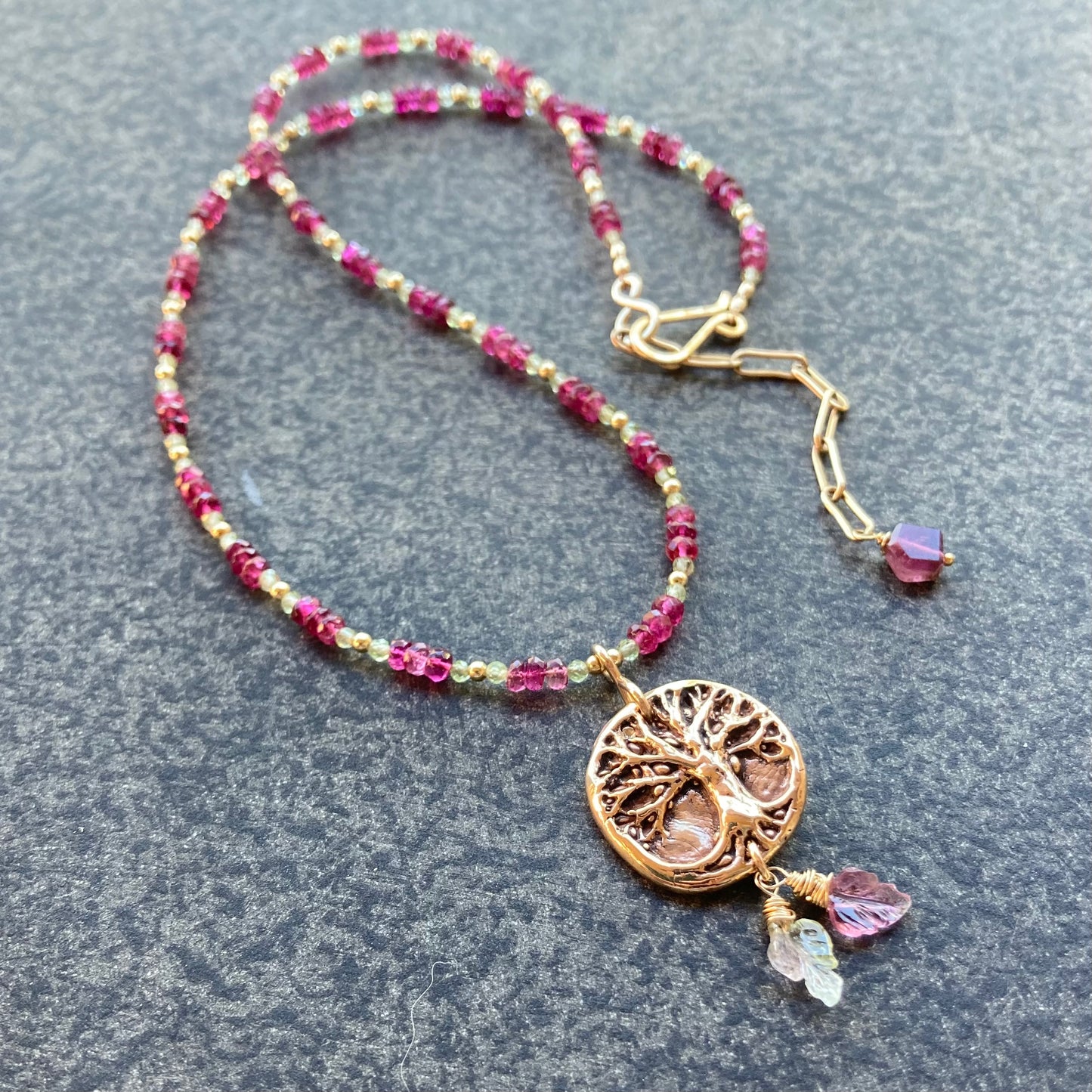 Rubelite Tourmaline, Peridot, Gold & Bronze Tree of Life Pendant Necklace