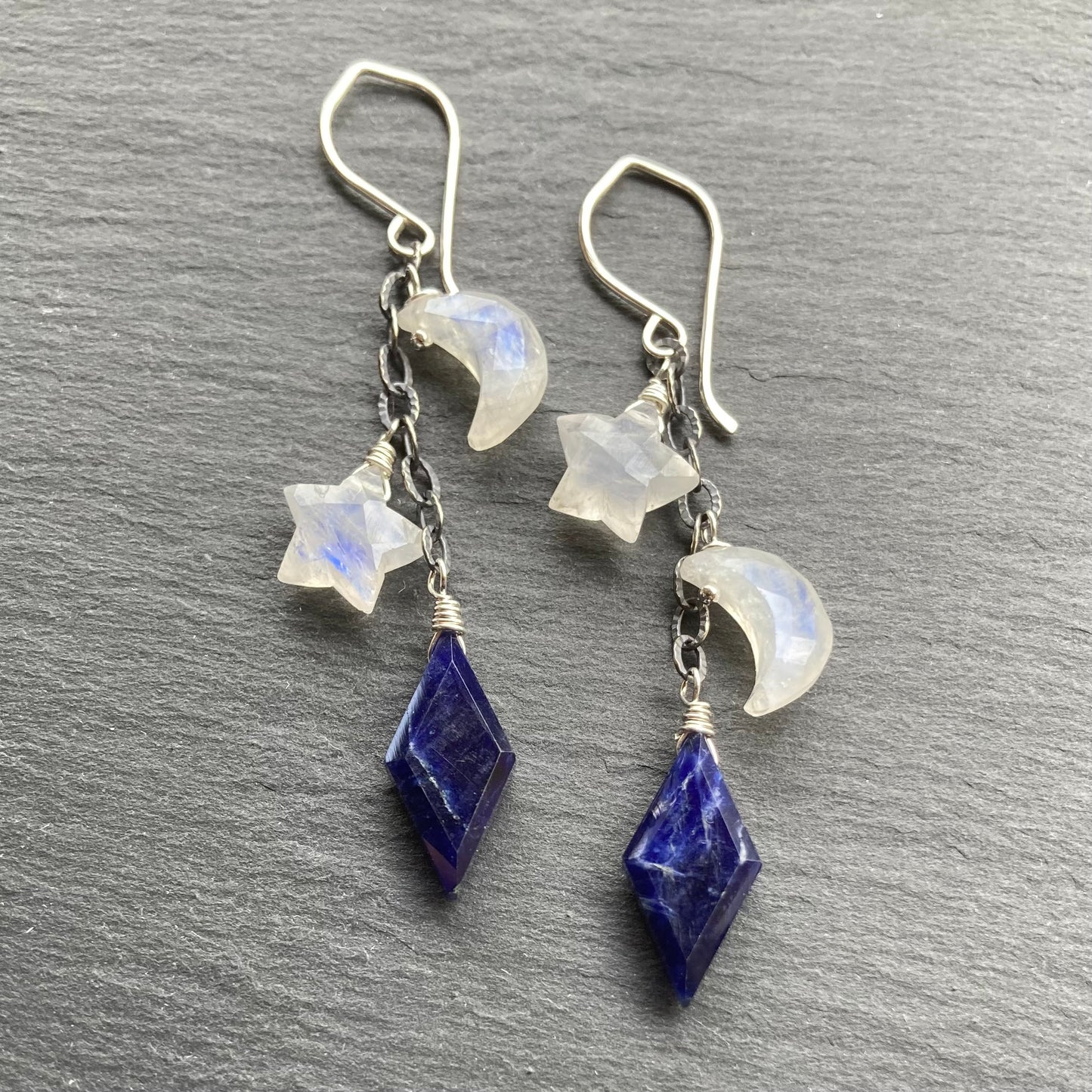 Rainbow Moonstone, Sodalite & Sterling Silver Alternate Universe Earrings