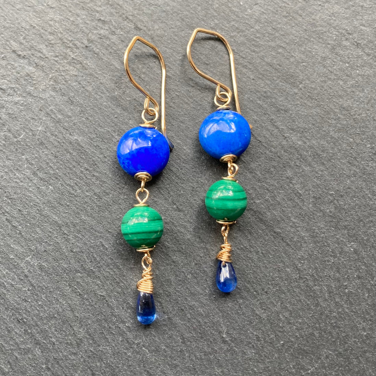 Lapis, Malachite & Gold Earrings