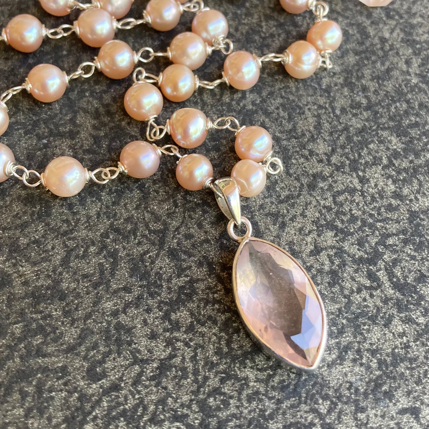 Pink Freshwater Pearl & Sterling Silver Vintage Rose Quartz Marquis Pendant Necklace