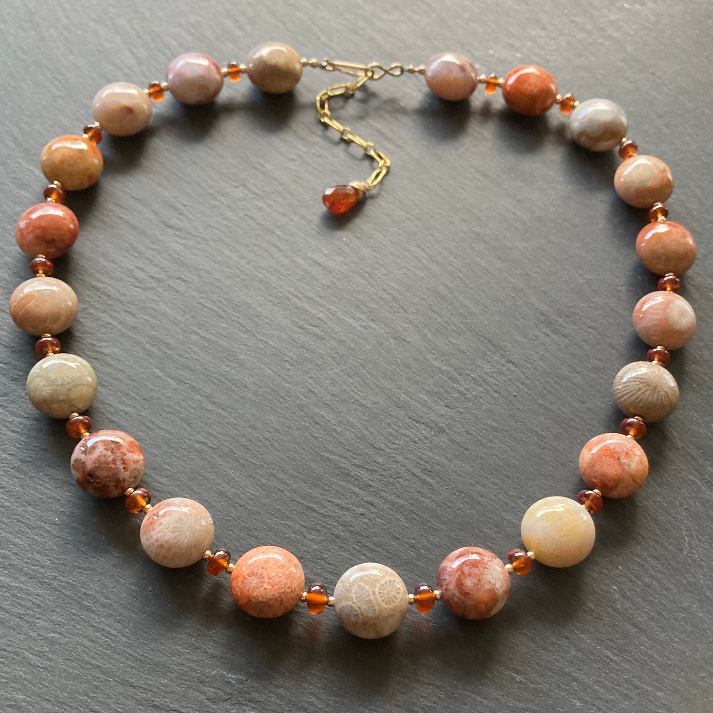 Fossil Coral, Hessonite Garnet & Gold Collar