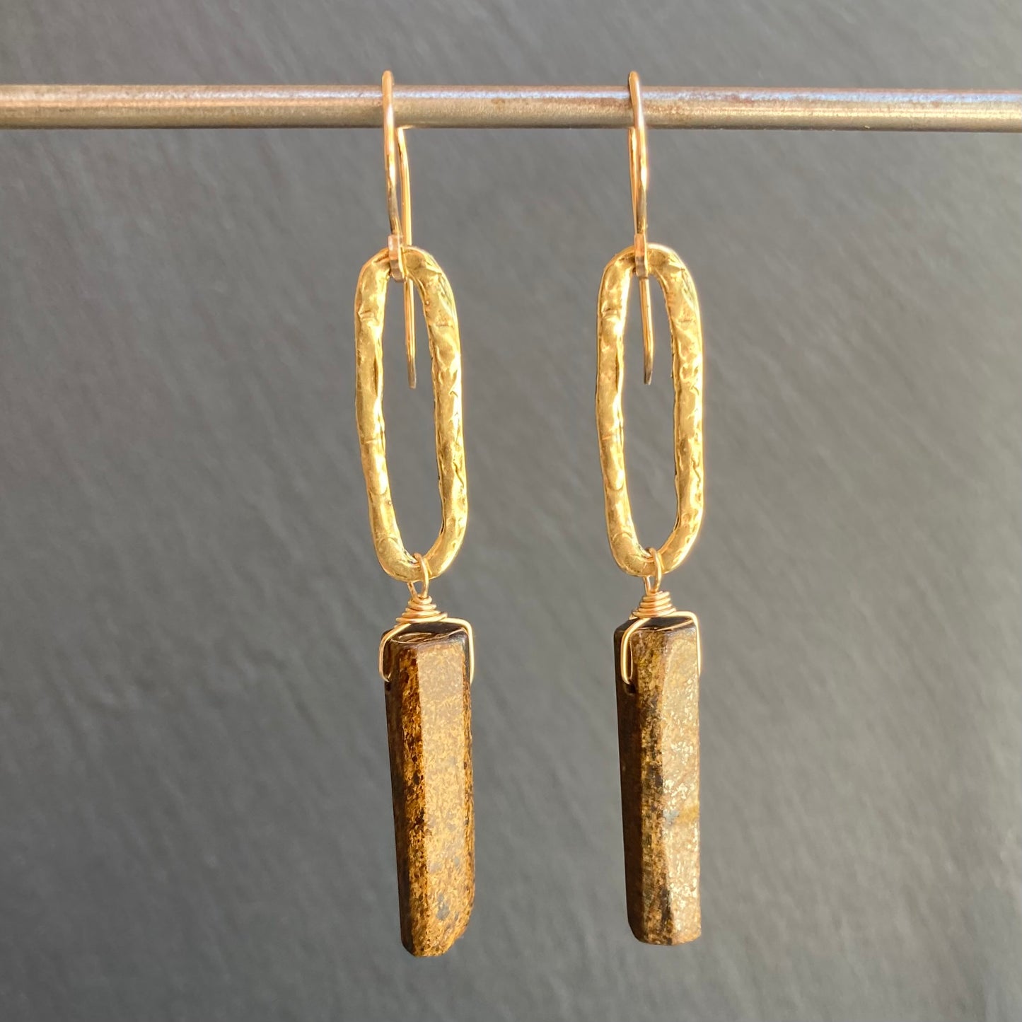 Bronzite, Gold & Bronze Long Drop Earrings