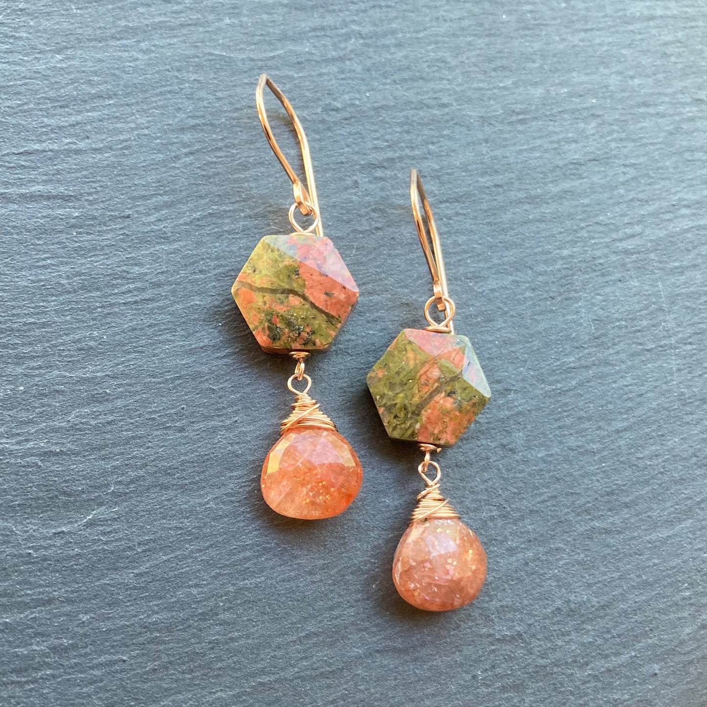 Unakite, Sunstone & Rose Gold Earrings