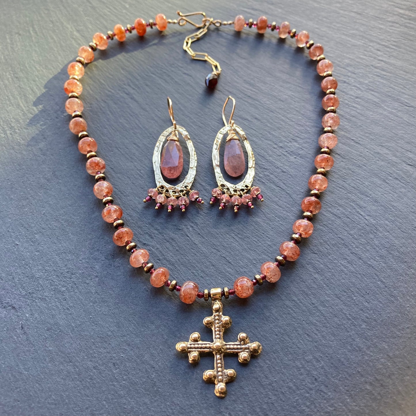 Strawberry Quartz, Gold & Bronze Fringe Hoops