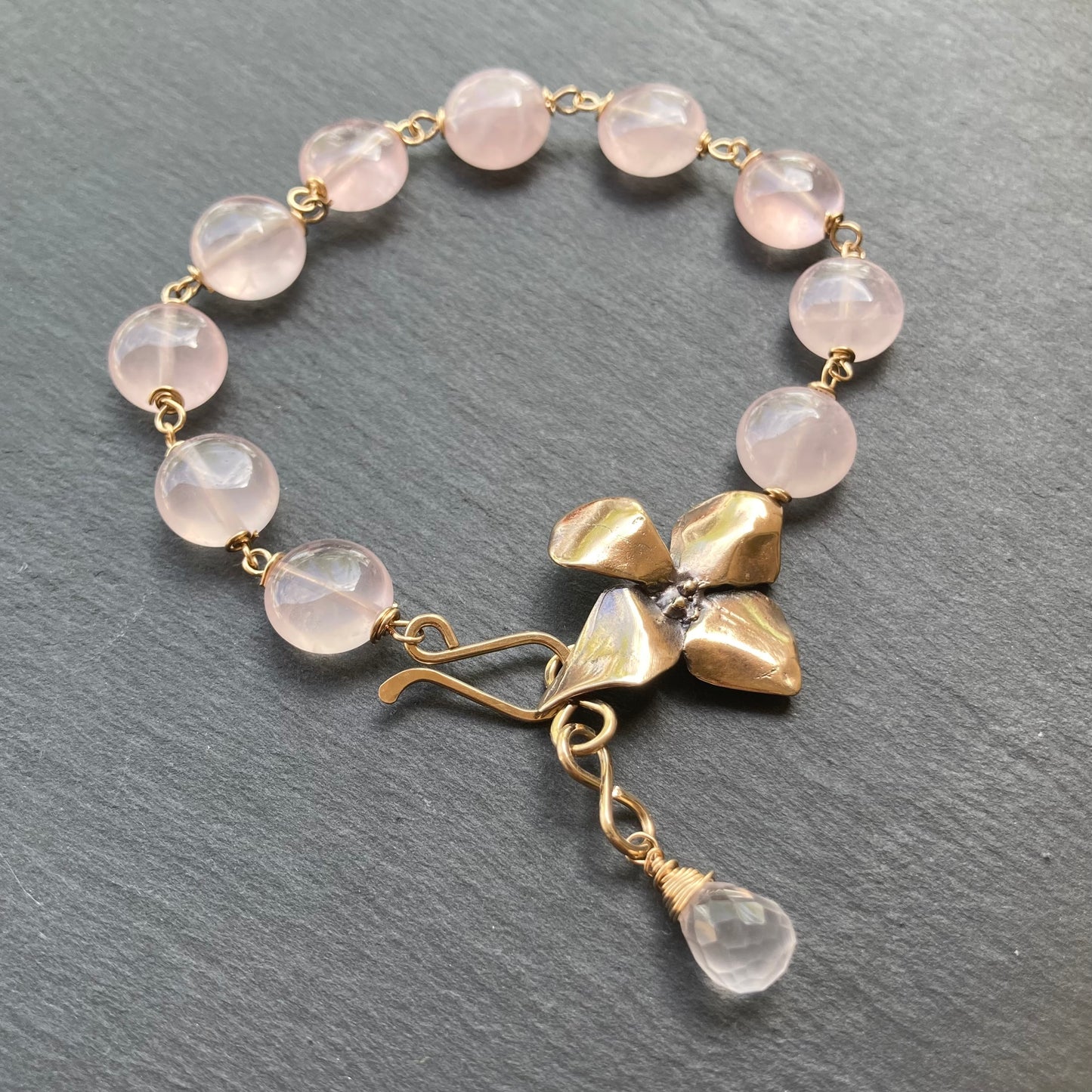 Rose Quartz, Gold & Bronze Evening Primrose Bracelet