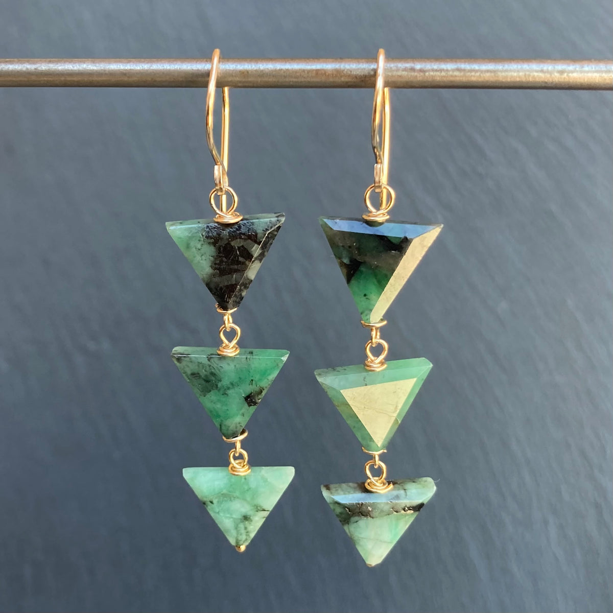 Natural Emerald & Gold Long Drop Earrings