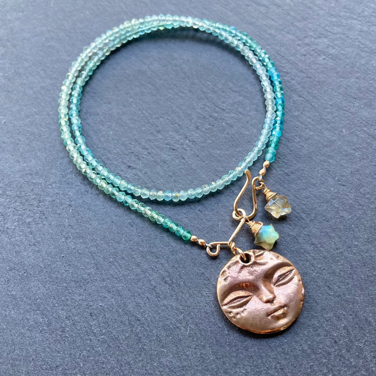 Aqua Apatite & Bronze Full Moon Pendant Choker