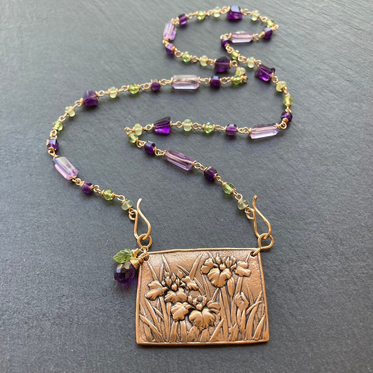 Amethyst, Peridot, Gold & Bronze Iris Pendant Necklace