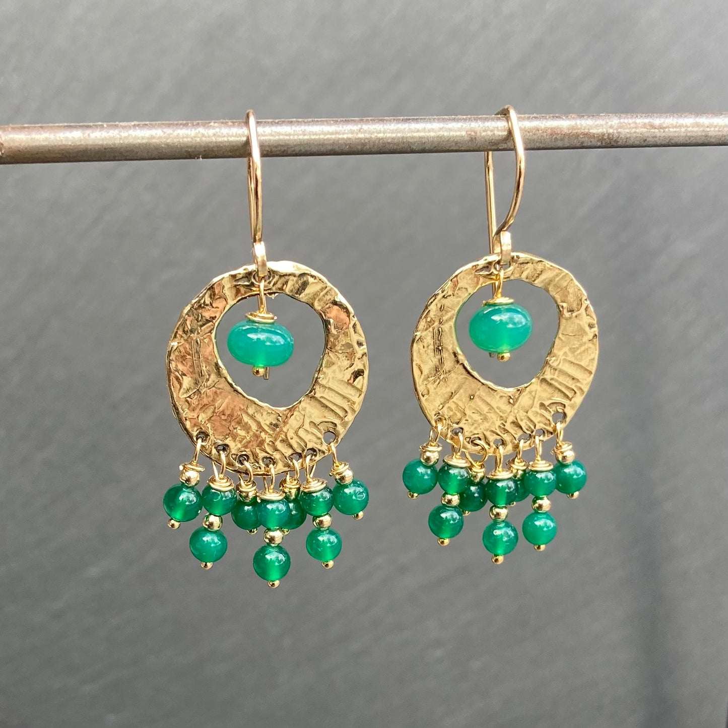 Green Onyx, Gold & Bronze Fringe Hoops