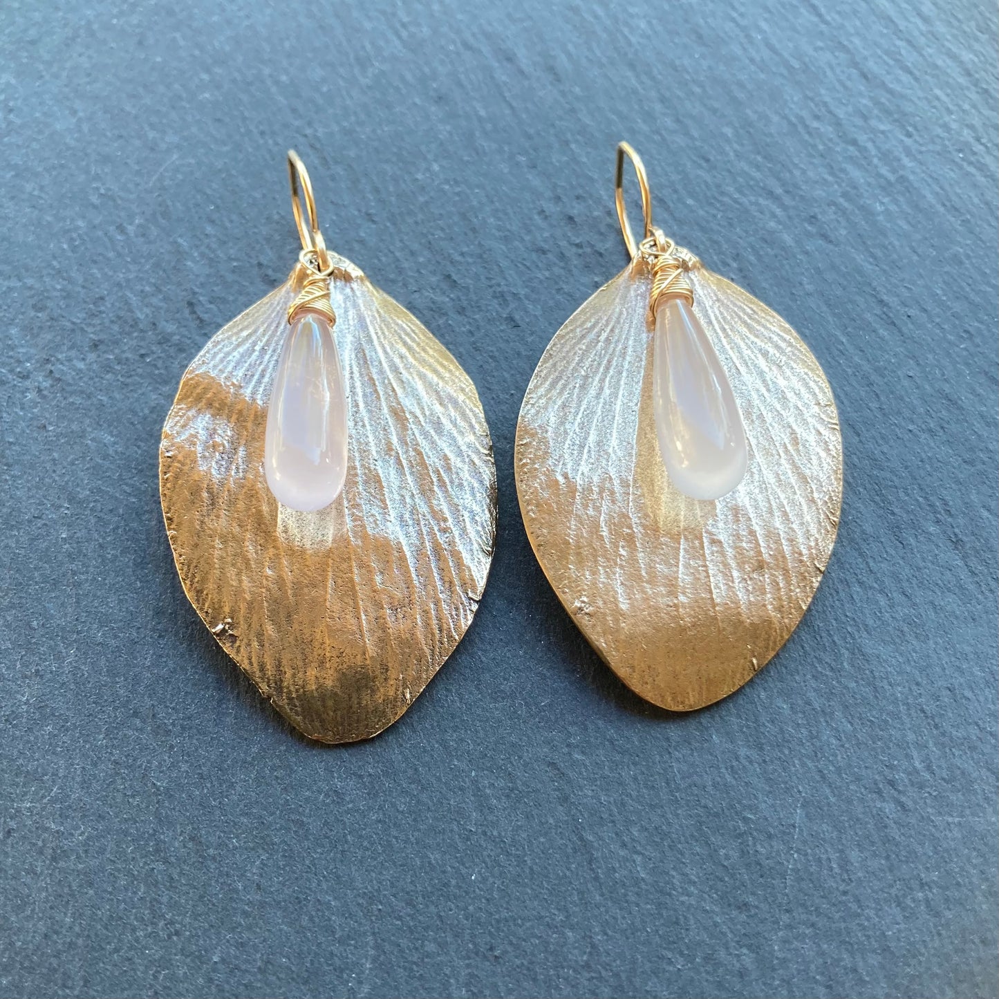 Rose Quartz, Gold & Bronze Rose Petal Earrings