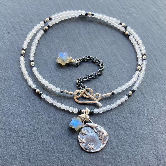 Rainbow Moonstone & Sterling Silver Moon Pendant Choker