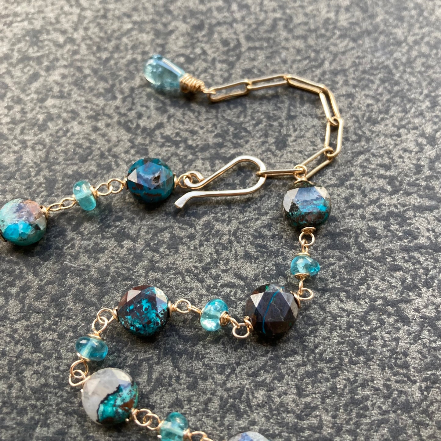 Shattuckite, Sky Blue Apatite & Gold Necklace