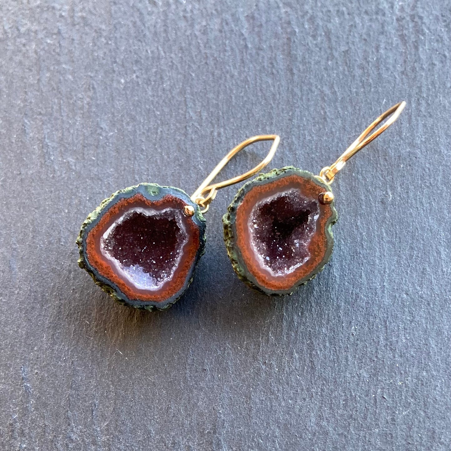 Red Druzy Tabasco Geode & Gold Earrings