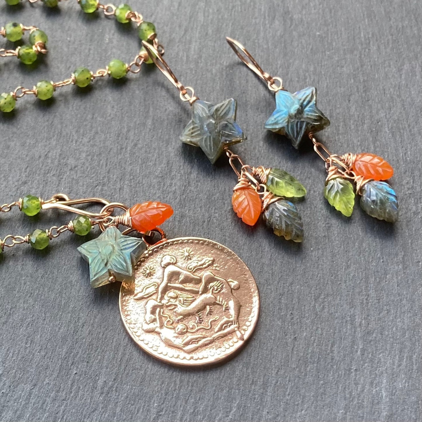 Nephrite Jade, Rose Gold & Bronze Tibetan Snow Lion Coin Necklace