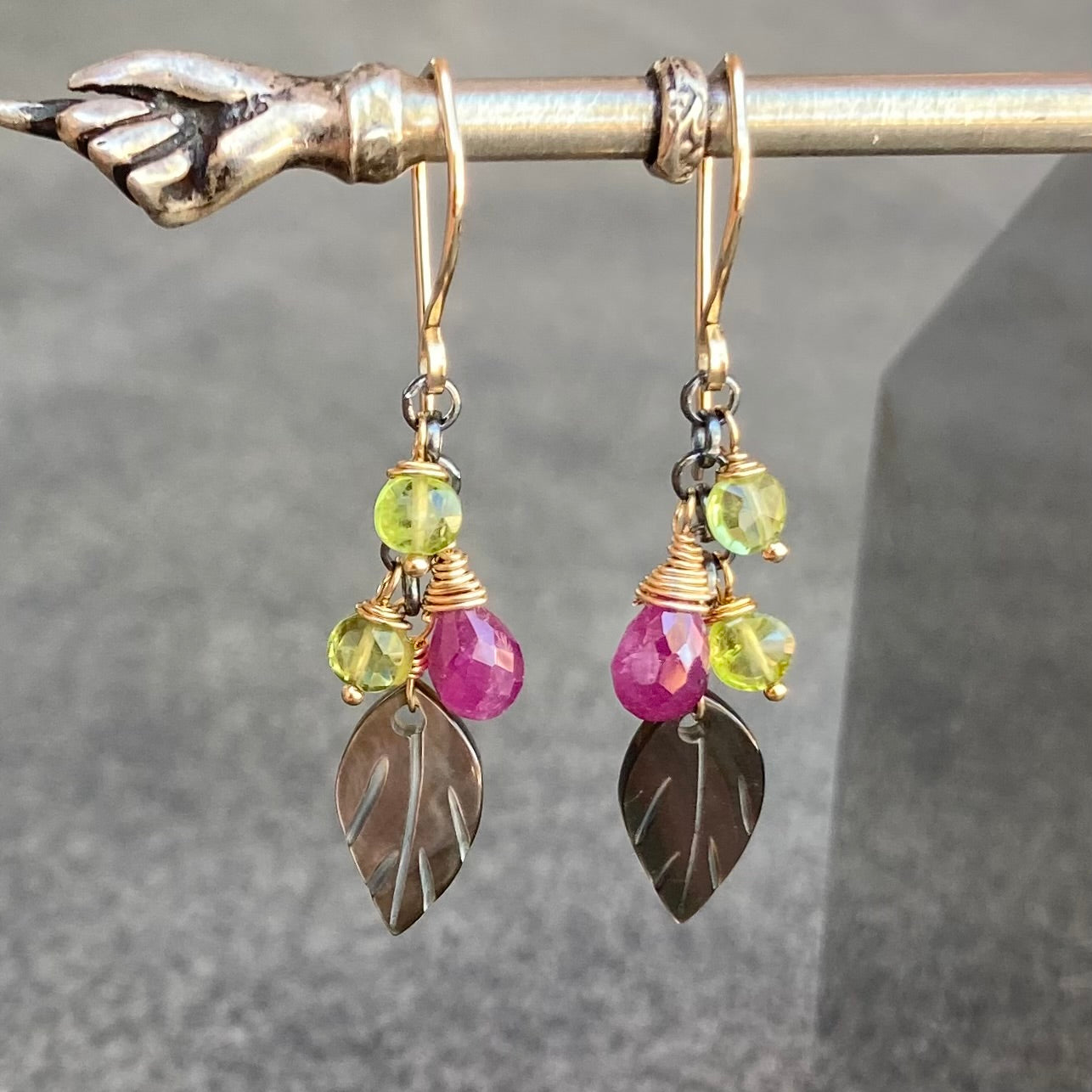 Black Mother of Pearl, Peridot, Ruby & Mixed Metal Cascade Earrings