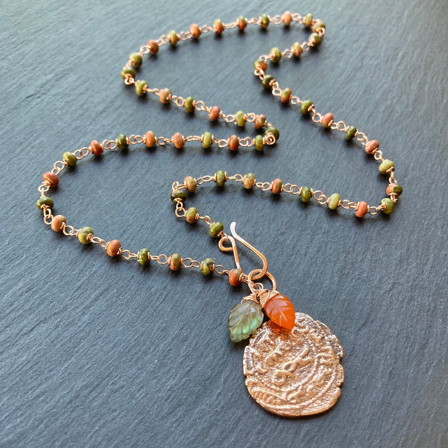Unakite, Rose Gold & Bronze Medieval Coin Necklace