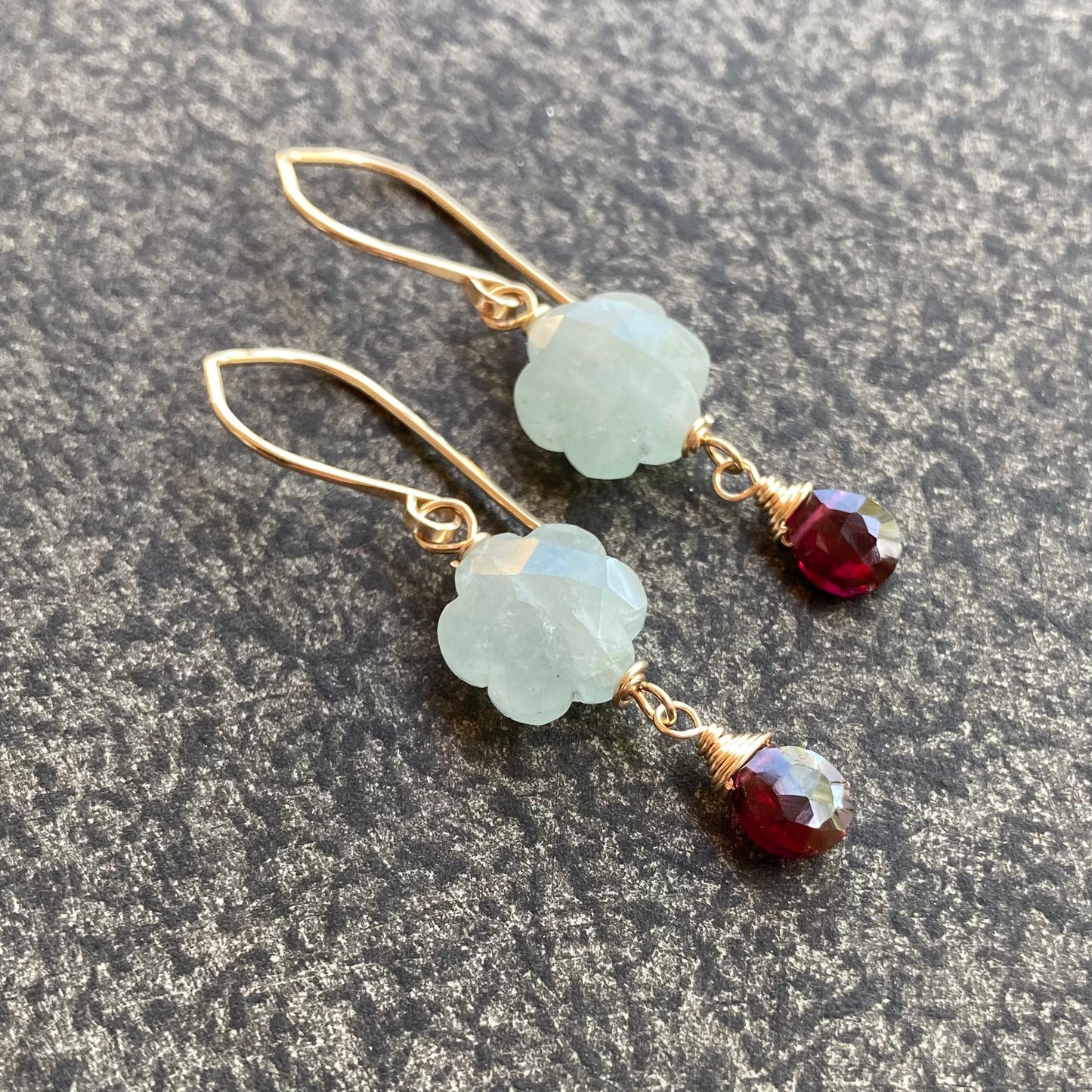 Aquamarine, Rhodolite Garnet & Gold Flower Drop Earrings