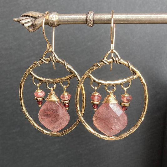 Strawberry Quartz, Gold & Bronze Hoops