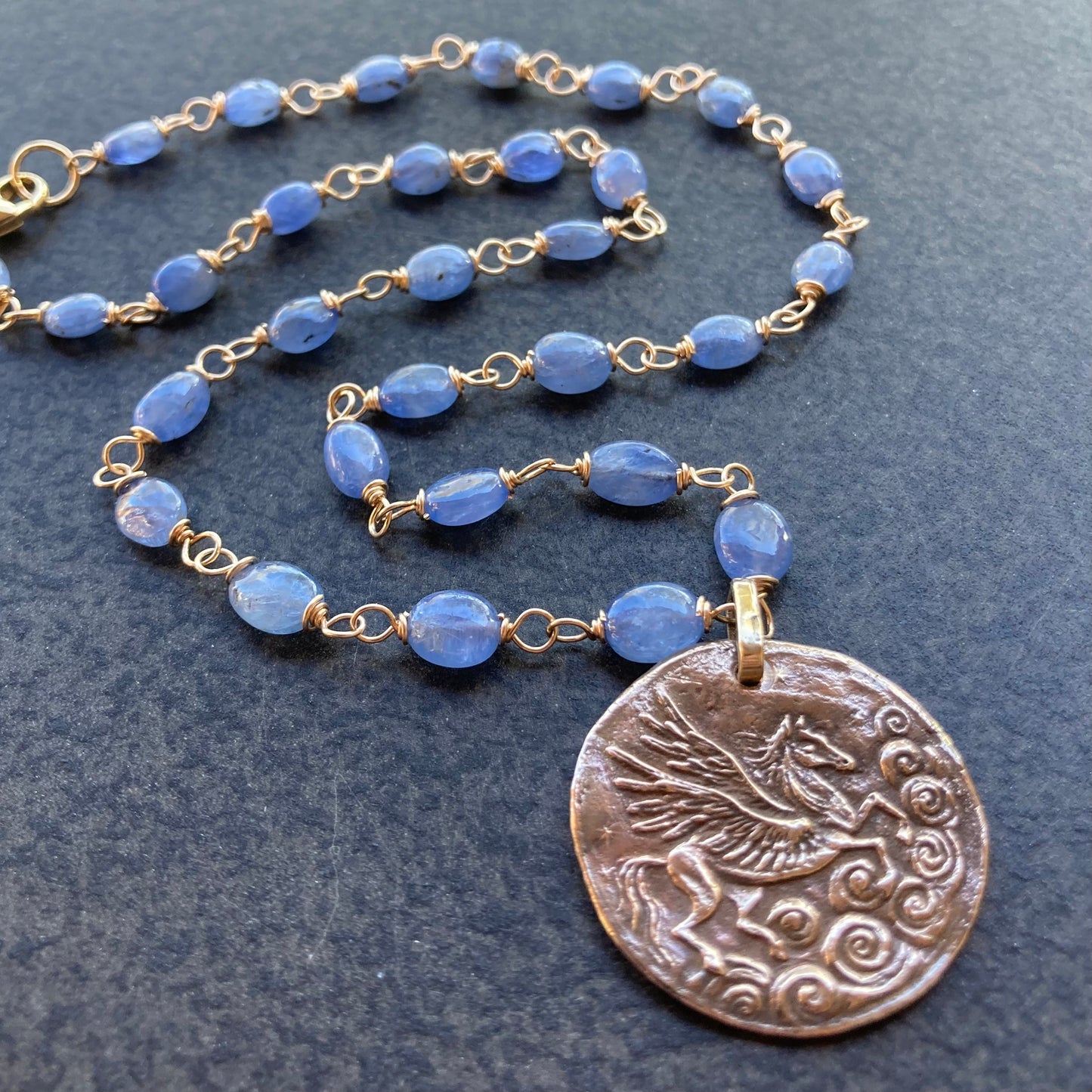 Burmese Sapphire, 14k Gold & Bronze Pegasus Cloud Coin Necklace