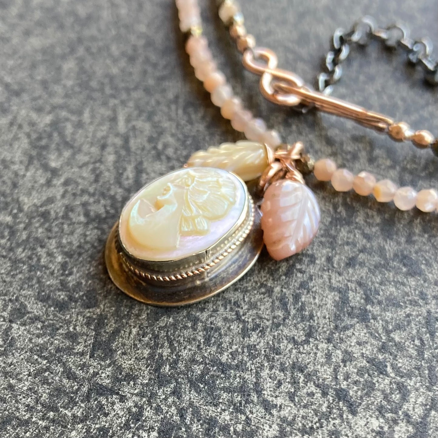 Peach Moonstone & Vintage Mother of Pearl Cameo Pendant Necklace