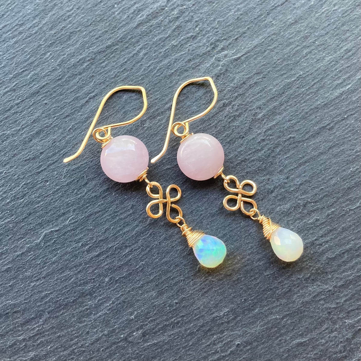 Kunzite, Ethiopian Opal & Gold Earrings