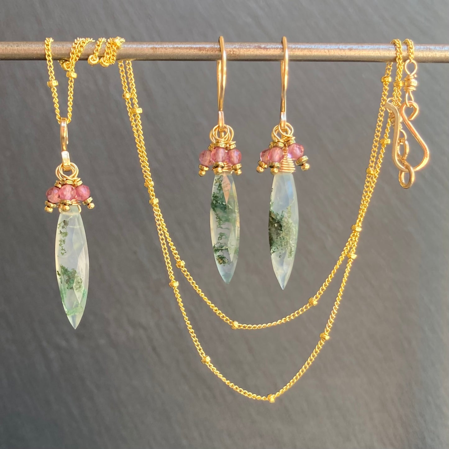 Moss Agate, Pink Tourmaline & Gold Marquis Earrings