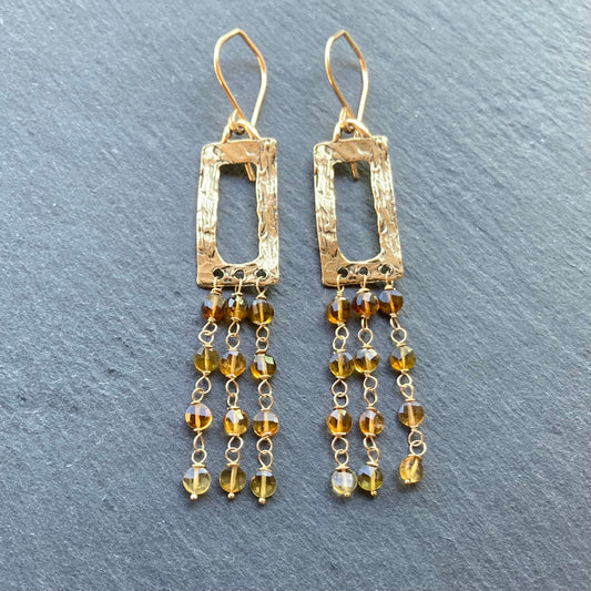 Petro Tourmaline, Gold & Bronze Long Fringe Hoops